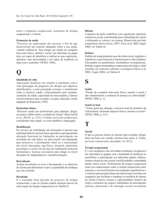 Rev Ter Ocup Univ São Paulo. 2015;26(Ed. Especial):1-49.
46
entre o terapeuta ocupacional, assistente de terapia
ocupacional e o cliente.
Promoção da saúde
“Processo de capacitação das pessoas a fim de que
desenvolvam um controle adequado sobre a sua saúde,
visando melhorá-la. Para atingir um estado de completo
bem-estar físico, mental e social, um indivíduo ou grupo
deve ser capaz de identificar e realizar as suas aspirações,
satisfazer suas necessidades e ser capaz de modificar ou
lidar com o ambiente “(WHO, 1986).
Q
Qualidade de vida
Apreciação dinâmica em relação à satisfação com a
vida (percepção do progresso em direção aos objetivos
identificados), a auto percepção (crenças e sentimentos
sobre si mesmo), saúde e funcionamento (por exemplo,
condições de saúde, capacidade de autocuidado), e fatores
sócioeconômicos (por exemplo, vocação, educação, renda;
adaptado de Radomski, 1995).
Raciocínio clínico
“Processo usado por profissionais para planejar, dirigir,
executar e refletir sobre o cuidado do cliente” (Boyt Schell
et al., 2014A, p. 1231). O termo raciocínio profissional,
considerado mais amplo, as vezes também é empregado.
Reabilitação
Os serviços de reabilitação são destinados a pessoas que
enfrentam déficits em área física específica e que apresentam
alteração funcional ou limitações na participação em
atividades da vida diária. As intervenções são planejadas
para promover o desempenho ideal ou a manutenção
dos níveis funcionais, seja físico, sensorial, intelectual,
psicológico e social. Os serviços de reabilitação fornecem
ferramentas e técnicas necessárias para atingir os níveis
desejados de independência e autodeterminação.
Reavaliação
Avaliar novamente ou rever o desempenho e os objetivos
do cliente para determinar o tipo e a quantidade de mudança
que tem ocorrido.
Resultado
É o resultado final advindo do processo de terapia
ocupacional; o que os clientes podem alcançar através da
intervenção da terapia ocupacional (ver Tabela 9).
Rituais
Conjuntos de ações simbólicas com significado espiritual,
cultural ou social, contribuindo para a identidade do cliente
e reforçando os valores e as crenças. Rituais têm um forte
componente afetivo (Fiese, 2007;. Fiese et al, 2002; Segal,
2004; ver Tabela 4).
Rotinas
Padrões de comportamento que são observáveis, regulares e
repetitivos e que fornecem a estrutura para a vida cotidiana.
Eles podem ser gratificantes, facilitadores ou prejudiciais.
Rotinas exigem momentâneo compromisso de tempo e estão
inseridas em contextos culturais e ecológicos (Fiese et al,
2002;. Segal, 2004; ver Tabela 4).
S
Saúde
“Estado de completo bem-estar físico, mental e social e
não simplesmente a ausência de doença ou enfermidade”
(WHO, 2006, p. 1).
Sentir-se bem
“Termo geral que abrange o universo total de domínios da
vida humana, incluindo aspectos físicos, mentais e sociais”
(WHO, 2006, p. 211).
T
Tarefa
O que as pessoas fazem ou fizeram (por exemplo, dirigir,
fazer um bolo, um vestido, arrumar uma cama; A. Fisher,
personal comunication, december, 16, 2013).
Terapia ocupacional
É o uso terapêutico das atividades cotidianas (ocupações)
em indivíduos ou grupos com a finalidade de melhorar ou
possibilitar a participação em diferentes papéis, hábitos,
rotinaserituaisnacasa,escola,localdetrabalho,comunidade
dentre outros locais. Profissionais de terapia ocupacional
usam seu conhecimento sobre a relação transacional entre
a pessoa, o seu envolvimento em ocupações significativas e
o contexto para projetar planos de intervenção com base em
ocupações que facilitem a mudança ou melhora de fatores
do cliente (valores, crenças e espiritualidade; funções do
corpo e estruturas do corpo) e habilidades de desempenho
(motora, processual e de interação social) necessárias
 