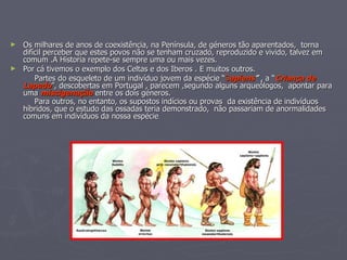 Os milhares de anos de coexistência, na Península, de géneros tão aparentados,  torna difícil perceber que estes povos não se tenham cruzado, reproduzido e vivido, talvez em comum .A Historia repete-se sempre uma ou mais vezes. Por cá tivemos o exemplo dos Celtas e dos Iberos . E muitos outros.  Partes do esqueleto de um indivíduo jovem da espécie “ S apiens ”  , a “ Criança de   Lapedo ”, descobertas em Portugal , parecem ,segundo alguns arqueólogos,  apontar para uma  miscigenação  entre os dois géneros.  Para outros, no entanto, os supostos indícios ou provas  da existência de indivíduos  híbridos, que o estudo das ossadas teria demonstrado,  não passariam de anormalidades comuns em indivíduos da nossa espécie . 