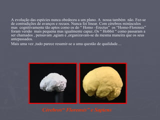 A evolução das espécies nunca obedeceu a um plano. A  nossa também  não. Fez-se de contradições de avanços e recuos. Nunca foi linear. Com cérebros minúsculos  mas  cognitivamente tão aptos como os do “ Homo –Erectus”  os “Homo-Florensis” foram versão  mais pequena mas igualmente capaz..Os “ Hobbit “ como passaram a ser chamados , pensavam ,agiam e ,organizavam-se da mesma maneira que os seus antepassados. Mais uma vez ,tudo parece resumir-se a uma questão de qualidade… Cérebros“ Florensis” e Sapiens 
