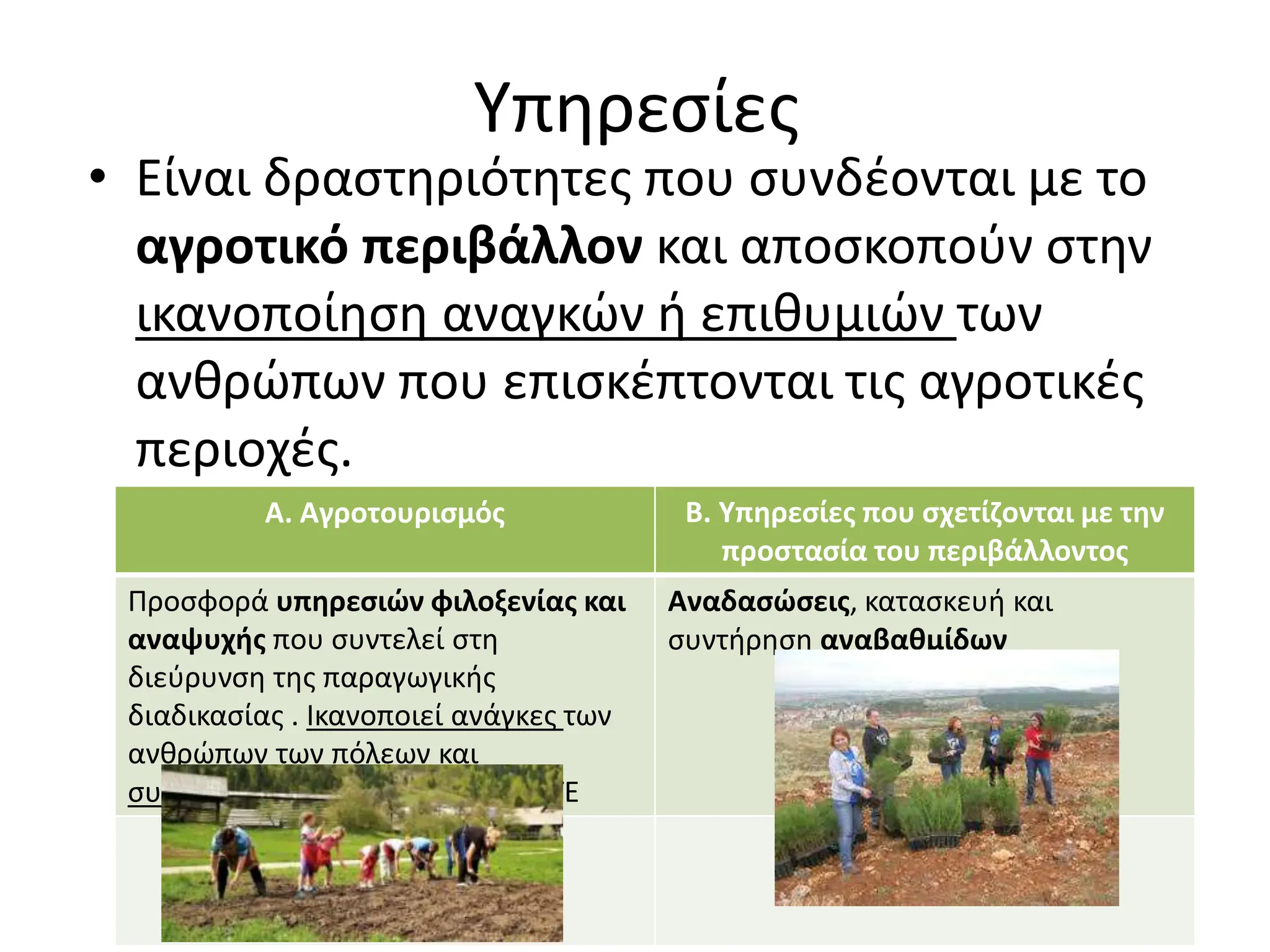 Υπηρεσίες
• Είναι δραστηριότητες που συνδέονται με το
αγροτικό περιβάλλον και αποσκοπούν στην
ικανοποίηση αναγκών ή επιθυμιών των
ανθρώπων που επισκέπτονται τις αγροτικές
περιοχές.
Α. Αγροτουρισμός Β. Υπηρεσίες που σχετίζονται με την
προστασία του περιβάλλοντος
Προσφορά υπηρεσιών φιλοξενίας και
αναψυχής που συντελεί στη
διεύρυνση της παραγωγικής
διαδικασίας . Ικανοποιεί ανάγκες των
ανθρώπων των πόλεων και
συμπληρώνει το εισόδημα των ΣΓΕ
Αναδασώσεις, κατασκευή και
συντήρηση αναβαθμίδων
 