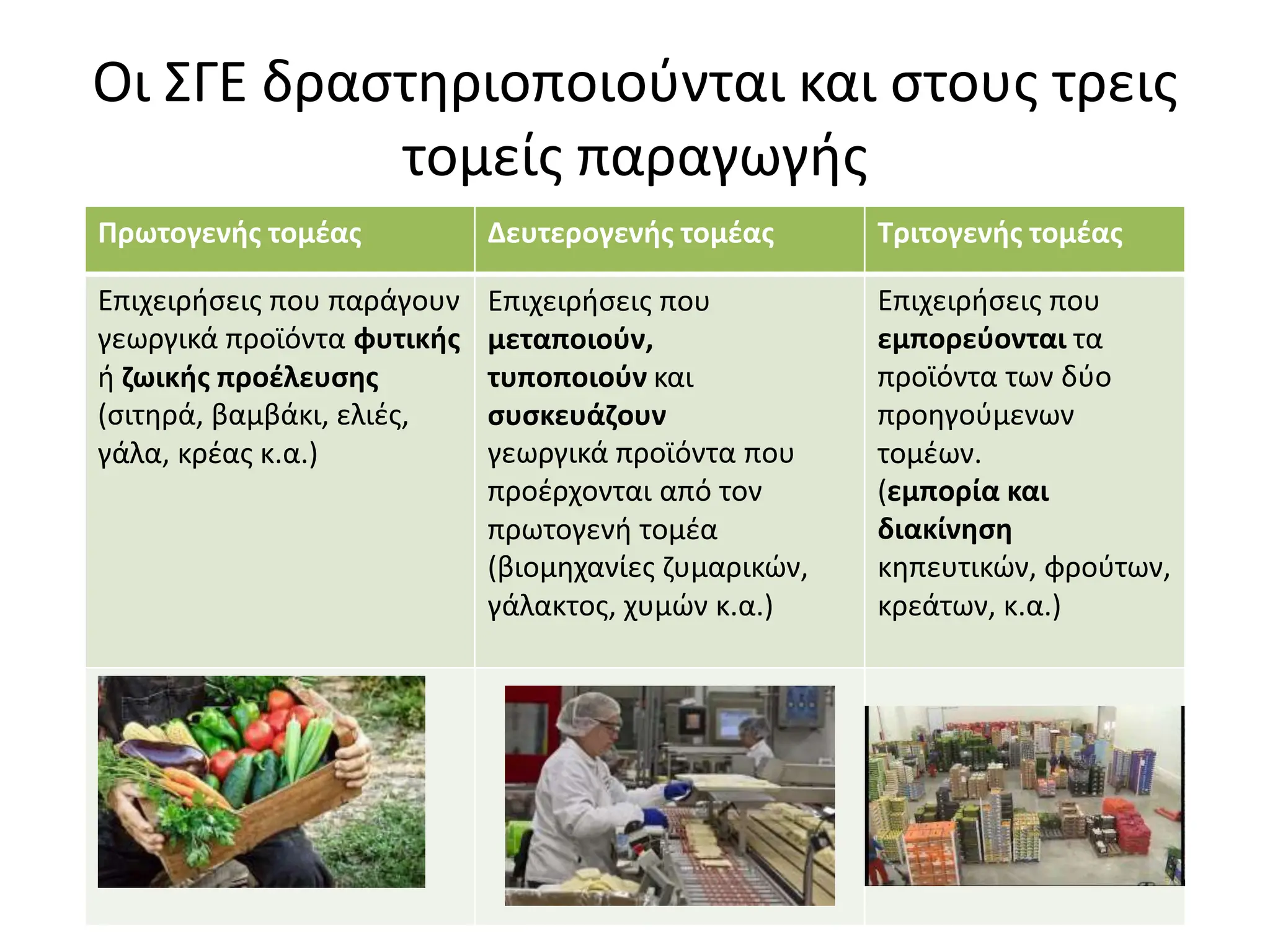 Οι ΣΓΕ δραστηριοποιούνται και στους τρεις
τομείς παραγωγής
Πρωτογενής τομέας Δευτερογενής τομέας Τριτογενής τομέας
Επιχειρήσεις που παράγουν
γεωργικά προϊόντα φυτικής
ή ζωικής προέλευσης
(σιτηρά, βαμβάκι, ελιές,
γάλα, κρέας κ.α.)
Επιχειρήσεις που
μεταποιούν,
τυποποιούν και
συσκευάζουν
γεωργικά προϊόντα που
προέρχονται από τον
πρωτογενή τομέα
(βιομηχανίες ζυμαρικών,
γάλακτος, χυμών κ.α.)
Επιχειρήσεις που
εμπορεύονται τα
προϊόντα των δύο
προηγούμενων
τομέων.
(εμπορία και
διακίνηση
κηπευτικών, φρούτων,
κρεάτων, κ.α.)
 