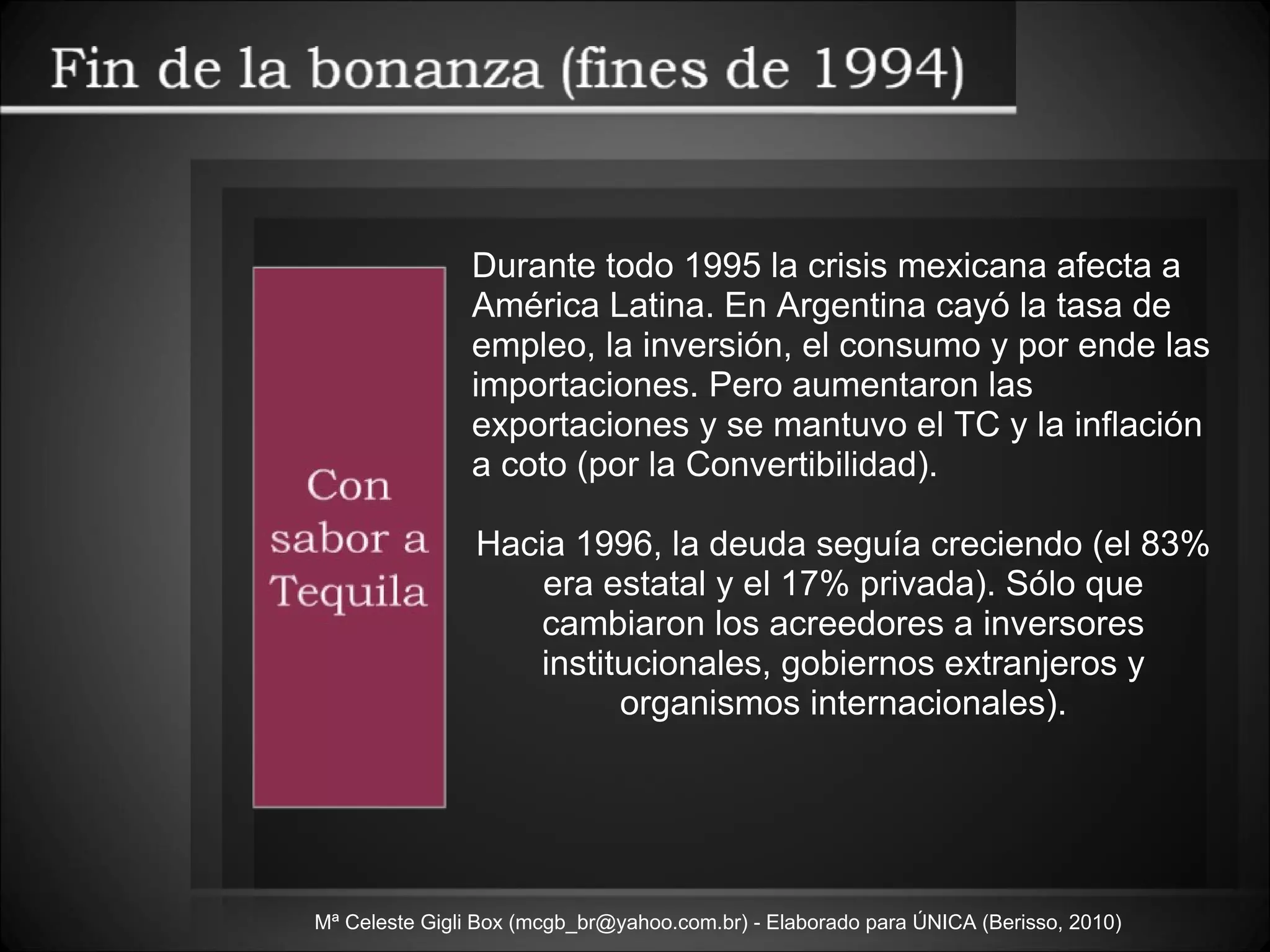 Mª Celeste Gigli Box (mcgb_br@yahoo.com.br) - Elaborado para ÚNICA (Berisso, 2010) Durante todo 1995 la crisis mexicana afecta a América Latina. En Argentina cayó la tasa de empleo, la inversión, el consumo y por ende las importaciones. Pero aumentaron las exportaciones y se mantuvo el TC y la inflación a coto (por la Convertibilidad). Hacia 1996, la deuda seguía creciendo (el 83% era estatal y el 17% privada). Sólo que cambiaron los acreedores a inversores institucionales, gobiernos extranjeros y organismos internacionales). 