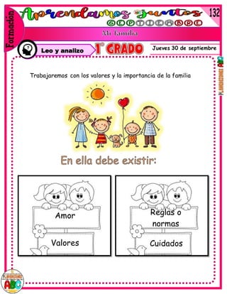 Jueves 30 de septiembre
Trabajaremos con los valores y la importancia de la familia
Amor
Valores Cuidados
Reglas o
normas
Leo y analizo
 