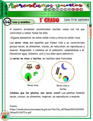 Lunes 13 de septiembre
Leo y analizo
A nuestro alrededor encontramos muchas cosas con las que
convivimos y vemos todos los días.
Algunos elementos de estos están vivos y otros no están vivos.
Los seres vivos son aquellos que tienen vida y se caracterizan
porque nacen, se alimentan, crecen, se relacionan, se reproducen y
mueren. Responden a cambios en el ambiente, adaptándose a él.
Necesitan agua, alimento, aire y luz solar para sobrevivir.
Lo seres no vivos o inertes, no realizan esas funciones.
¿Sabías que las plantas son seres vivos? Las plantas también
nacen, crecen, se alimentan, respiran, se reproducen y mueren.
Fuente:
https://media.educacioncampeche.gob.mx/file/file_d478eeb30411d3f694
366ee2fc2d77cc.pdf
 