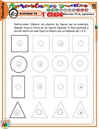 Miércoles 15 de septiembre
Instrucciones: Observa con atención las figuras que se presentan,
después traza la forma de las figuras siguiendo la línea punteada y
escribe dentro de cada figura el número que corresponde del 1 al 4.
Actividad 16
 
