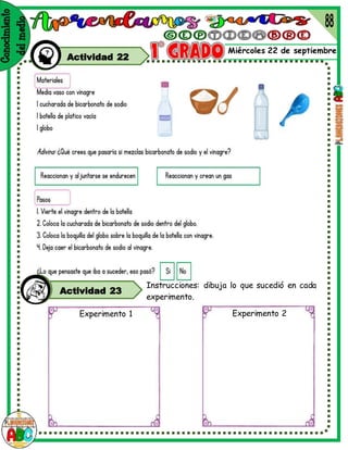 Miércoles 22 de septiembre
Actividad 22
Actividad 23
Instrucciones: dibuja lo que sucedió en cada
experimento.
Experimento 1 Experimento 2
 