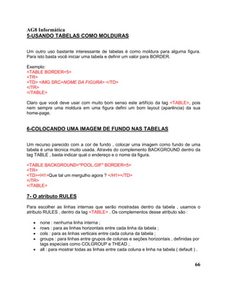 AG8 Informática 
66 
5-USANDO TABELAS COMO MOLDURAS 
Um outro uso bastante interessante de tabelas é como moldura para alguma figura. 
Para isto basta você iniciar uma tabela e definir um valor para BORDER. 
Exemplo: 
<TABLE BORDER=5> 
<TR> 
<TD> <IMG SRC=NOME DA FIGURA> </TD> 
</TR> 
</TABLE> 
Claro que você deve usar com muito bom senso este artifício da tag <TABLE>, pois 
nem sempre uma moldura em uma figura defini um bom layout (aparência) da sua 
home-page. 
6-COLOCANDO UMA IMAGEM DE FUNDO NAS TABELAS 
Um recurso parecido com a cor de fundo , colocar uma imagem como fundo de uma 
tabela é uma técnica muito usada. Através do complemento BACKGROUND dentro da 
tag TABLE , basta indicar qual o endereço e o nome da figura. 
<TABLE BACKGROUND="POOL.GIF" BORDER=5> 
<TR> 
<TD><H1>Que tal um mergulho agora ? </H1></TD> 
</TR> 
</TABLE> 
7- O atributo RULES 
Para escolher as linhas internas que serão mostradas dentro da tabela , usamos o 
atributo RULES , dentro da tag <TABLE> . Os complementos desse atributo são : 
· none : nenhuma linha interna ; 
· rows : para as linhas horizontais entre cada linha da tabela ; 
· cols : para as linhas verticais entre cada coluna da tabela ; 
· groups : para linhas entre grupos de colunas e seções horizontais , definidas por 
tags especiais como COLGROUP e THEAD ; 
· all : para mostrar todas as linhas entre cada coluna e linha na tabela ( default ) . 
 
