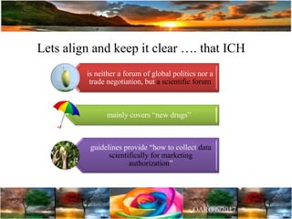 Lets align and keep it clear …. that ICH
is neither a forum of global politics nor a
trade negotiation, but a scientific forum
mainly covers “new drugs”
guidelines provide “how to collect data
scientifically for marketing
authorization”
 