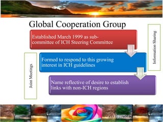 Global Cooperation Group
Established March 1999 as sub-
committee of ICH Steering Committee
Formed to respond to this growing
interest in ICH guidelines
Name reflective of desire to establish
links with non-ICH regions
InformationSharing
JointMeetings
 