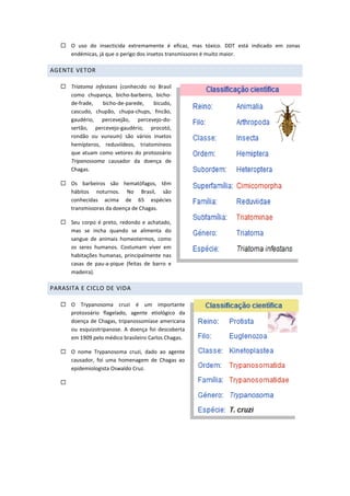  O uso do insecticida extremamente é eficaz, mas tóxico. DDT está indicado em zonas
endémicas, já que o perigo dos insetos transmissores é muito maior.
AGENTE VETOR
 Triatoma infestans (conhecido no Brasil
como chupança, bicho-barbeiro, bicho-
de-frade, bicho-de-parede, bicudo,
cascudo, chupão, chupa-chups, fincão,
gaudério, percevejão, percevejo-do-
sertão, percevejo-gaudério, procotó,
rondão ou vunvum) são vários insetos
hemípteros, reduviídeos, triatomíneos
que atuam como vetores do protozoário
Tripanossoma causador da doença de
Chagas.
 Os barbeiros são hematófagos, têm
hábitos noturnos. No Brasil, são
conhecidas acima de 65 espécies
transmissoras da doença de Chagas.
 Seu corpo é preto, redondo e achatado,
mas se incha quando se alimenta do
sangue de animais homeotermos, como
os seres humanos. Costumam viver em
habitações humanas, principalmente nas
casas de pau-a-pique (feitas de barro e
madeira).
PARASITA E CICLO DE VIDA
 O Trypanosoma cruzi é um importante
protozoário flagelado, agente etiológico da
doença de Chagas, tripanossomíase americana
ou esquizotripanose. A doença foi descoberta
em 1909 pelo médico brasileiro Carlos Chagas.
 O nome Trypanosoma cruzi, dado ao agente
causador, foi uma homenagem de Chagas ao
epidemiologista Oswaldo Cruz.

 