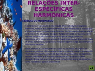 RELAÇÕES INTER-
                          ESPECÍFICAS
For al St udi o A
                          HARMÔNICAS
                    SIMBIOSE OU MUTUALISMO
                      A simbiose ou mutualismo é uma relação entre indivíduos de espécies
                      diferentes, onde as duas espécies envolvidas são beneficiadas e a associação
                      é obrigatória para a sobrevivência de ambas. Um bom exemplo desta relação
                      costumava ser a associação de algas e fungos formando os líquenes, porem
                      estudos recentes vêm classificando esse tipo de relação como um
                      parasitismo controlado, uma vez que foi evidenciada uma estrutura do fungo
                      chamada apreensório, que possui a função de agarrar a alga. Essa estrutura é
                      comum em parasitas.

                      Outro exemplo é a relação entre os cupins e a triconinfa. Os cupins, ao
                      comerem a madeira, não conseguem digerir a celulose, mas em seu intestino
                      vivem os protozoários, capazes de digeri-la. Os protozoários, ao digerirem a
                      celulose, permitem que os cupins aproveitem essa substância como
                      alimento. Dessa forma, os cupins atuam como fonte indireta de alimentos e
                      como “residência” para os protozoários.

                                                                                              23
 