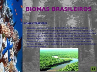 BIOMAS BRASILEIROS
For al St udi o A

                    BIOMAS TERRESTRES
                      Amazônia - ocupa uma área de 4.196.943 Km² e 49,29% do território
                      nacional e que é constituída principalmente por uma floresta tropical.[1] A
                      Amazônia ocupa a totalidade dos territórios do Acre, Amapá, Amazonas, Pará
                      e Roraima, e parte do território do Maranhão (34%), Mato Grosso (54%),
                      Rondônia (98,8%) e Tocantins (9%).[2] A Amazônia é formada por distintos
                      ecossistemas como florestas densas de terra firme, florestas estacionais,
                      florestas de igapó, campos alagados, várzeas, savanas, refúgios montanhosos
                      e formações pioneiras.




                                                                                            13
 