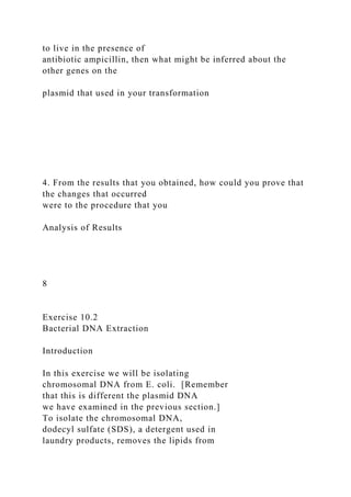 to live in the presence of
antibiotic ampicillin, then what might be inferred about the
other genes on the
plasmid that used in your transformation
4. From the results that you obtained, how could you prove that
the changes that occurred
were to the procedure that you
Analysis of Results
8
Exercise 10.2
Bacterial DNA Extraction
Introduction
In this exercise we will be isolating
chromosomal DNA from E. coli. [Remember
that this is different the plasmid DNA
we have examined in the previous section.]
To isolate the chromosomal DNA,
dodecyl sulfate (SDS), a detergent used in
laundry products, removes the lipids from
 