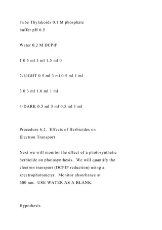 Tube Thylakoids 0.1 M phosphate
buffer pH 6.5
Water 0.2 M DCPIP
1 0.5 ml 3 ml 1.5 ml 0
2-LIGHT 0.5 ml 3 ml 0.5 ml 1 ml
3 0 3 ml 1.0 ml 1 ml
4-DARK 0.5 ml 3 ml 0.5 ml 1 ml
Procedure 6.2. Effects of Herbicides on
Electron Transport
Next we will monitor the effect of a photosynthetic
herbicide on photosynthesis. We will quantify the
electron transport (DCPIP reduction) using a
spectrophotometer. Monitor absorbance at
600 nm. USE WATER AS A BLANK.
Hypothesis
 