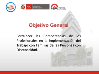 Fortalecer las Competencias de los
Profesionales en la implementación del
Trabajo con Familias de las Personas con
Discapacidad.
 