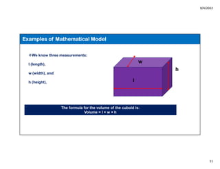 8/4/2022
11
Examples of Mathematical Model
We know three measurements:
l (length),
w (width), and
h (height), l
w
h
The formula for the volume of the cuboid is:
Volume = l × w × h
 