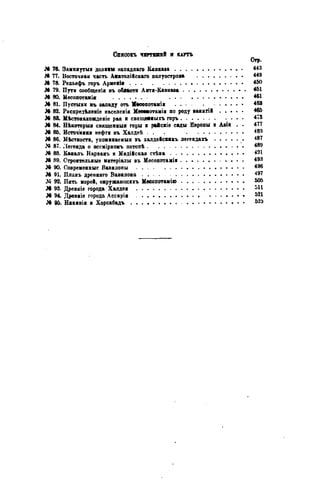 Списокъ ЧЕРТЕЖЕЙ Я КАРТЪ
JA 76. Замкнутый долины яанаднаго Кавказа 443
JA 77. Восточная часть Аіатолійскаго полуострова • 449
JA 78. Редьефъ горъ Арменіи 450
JA 79. Пути сообщенія въ обіастн Анти-Кавкава 451
JA 80. Месопотамія 461
JA 81. Пустыни въ западу отъ МЬсопотаміи 463
JA 82. Распредѣденіе населения Мѳеміотаміи по роду ванятій 465
JA 88. Мѣстонахожденіе рая и свящеваыхъ горъ 473
JA 84. Нѣкоторыя священный горы и райскіе сады Европы и Авін . . 477
JA 85. Источники нефти въ Халдеѣ . . 483
JA 86. Мѣстности, упоминаемыя въ халдейскагь легендахъ 487
№ 87. Легенда о вссмірномъ потопѣ 489
JA 88. Каналъ Нарванъ и Мидійская стѣна 491
JA 89. Строительные матеріалы въ Месопотаміи 493
JA 90. Современные Вавилоны 496
JA 91. Планъ древняго Вавилона 497
Л» 92. Пять морей, окружающихъ Месопотамію 505
JA 93. Древыіе города Халдеи ^11
JA 94. Древиіе города Ассиріи 521
JA 95. Нинивія и Хорсабадъ 5 2 5
 