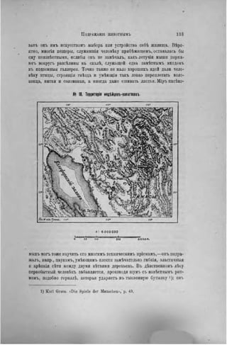 ПОДРЛЖЛНІБ ЖИВОТНЫМЪ 133
занъ онъ имъ искусством!, выбора или устройства себѣ жилища. Вѣро-
ятно, многія пещеры, служившія человѣку прибѣжищемъ, оставались бы
ему неизвѣстпыми, еслибы опъ не замѣчалъ, какълетучія мыши порха-
ютъ вокругъ разсѣлины въ скалѣ, служащей едва замѣтнымъ входомъ
въ подземныя галлереи. Точно также не мало хорошихъ идей дали чело-
вѣку птицы, строящія гнѣзда и умѣющія такъ ловко переплетать воло-
конца, нитки и соломенки, а иногда даже сшивать листья. Міръ насѣко-
№ 18. Территорія индъйцевѵпапагосовъ.
/Сі Л on r
l"IMt. 114»
I : б ооо ооо
о зо ici гяз »сокил.
мыхъ могъ тоже научить его многимъ техническнмъ пріемамъ,—опъ подра-
жалъ, напр., паукамъ, умѣющнмъ плести замѣчательно гнбкія, эластичныя
и крѣпкія сѣтп между двумя вѣтвями деревьевъ. Въ дѣвственномъ лѣсу
первобытный человѣкъ забавляется, производя шумъ съ извѣстнымъ рит-
момъ, подобно гориллѣ, которая ударяетъ въ тыквенную бутылку і); онъ
1) Karl Groos. «Die Spiele der Menschen», p. 49.
 