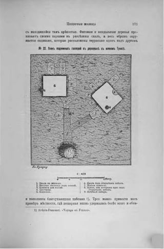 съ находящейся тамъ крѣпостыо. Фнговыя и мнндальпыя деревья про-
никаютъ своими корнями въ разсѣлины скалъ, а весь ѳбривъ окру-
жается садиками, которые расположены террасами одішъ надъ другнмъ
№ 22. Планъ подземный гаплерей въ деревушкЪ въ южномъ Тунисѣ.
По Брауну
I : 400
'
О і
1. Входъ въ жилише.
2. Входная лестница подъ землей.
3. Комната для гостеЛ.
4. Цистерны.
5. Конюшни.
гоМеігр.
6. Дворъ подъ открытымъ небомъ.
7. Жилыя комнаты.
6. Кухнн, изъ кеторыхъ одна подъ
открытымъ небомъ.
9. Хлѣбный амбаръ.
и наполнены благоухающими цвѣтамн і). Троо можно привести какъ
примѣръ мѣстностн, гдѣ пещерная жизнь удержалась бо.гЬс всего и обна-
1) Ardoin-Dumazet. iVoyage en Franro>.
 