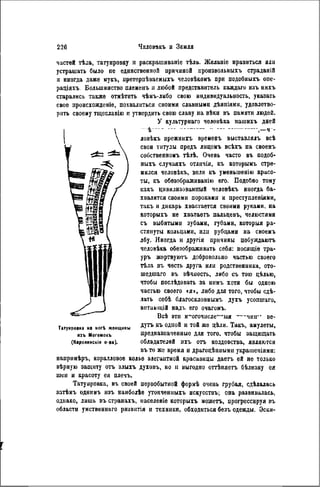 частей тѣла, татуировку и раскрашиваніе тѣла. Желаніе нравиться или
устрашать было пе единственной причиной произвольныхъ страданій
и иногда даже мукъ, претерпѣваемыхъ человѣкомъ при подобныхъ опе-
раціяхъ. Большинство плененъ и любой представитель каждаго изъ нихъ
старались также отмѣтить чѣмъ-либо свою индивидуальность, указать
свое происхожденіе, похвалиться своими славными дѣяпіями, удовлетво-
рить своему тщеславію и утвердить свою славу на вѣки въ памяти людей.
У культурнаго человѣка пашихъ дней
имѣется его паспортъ и его документы,—че-
ловѣкъ прежнихъ временъ выставлялъ всѣ
свои титулы предъ лицомъ всѣхъ на своемъ
собственномъ тѣлѣ. Очень часто въ подоб-
ныхъ случаяхъ отличія, къ которымъ стре-
мился человѣкъ, вели къ уменьшенію красо-
ты, къ обезображиванію его. Подобно тому
какъ цивилизованный человѣкъ иногда ба-
хвалится своими пороками и преступленіями,
такъ и дикарь хвастается своими руками, на
которыхъ не хватаѳтъ пальцевъ, челюстями
съ выбитыми зубами, губами, которыя ра-
стянуты кольцами, или рубцами на своемъ
лбу. Иногда и другія причины побуждаютъ
человѣка обезображивать себя: носящіѳ тра-
уръ жертвуютъ добровольно частью своего
тѣла въ честь друга или родственника, ото-
шедшаго въ вѣчиость, либо сь тою цѣлью,
чтобы послѣдовать за ннмъ хотя бы одною
частью своего «я», либо для того, чтобы сдѣ-
дать себѣ благосклоннымъ духъ усопшаго,
витаюіцій надъ его очагомъ.
Всѣ эти многочисленный причины ве-
Татуировна на ногѣ женщины W™ К Ъ 0 Д П 0 Й 11 Т 0 Й Ж е ^Ѣ л И ' Т а к ъ . амулеты,
изъ Могеиокъ цредназначенные для того, чтобы защищать
(Каролинскіе о-ва). обладателей ихъ отъ колдовства, являются
въ то же время и драгоцѣнными украшеніями:
напрнмѣръ, коралловое колье элегантной красавицы даеть ей не только
вѣрную защиту отъ злыгь духовъ, но и выгодно оттѣняетъ бѣлизну ея
шеи и красоту ея плечъ.
Татуировка, въ своей первобытной формѣ очень грубая, сдѣлалась
затѣмъ однимъ изъ наиболѣе утончениыхъ искусствъ; она развивалась,
однако, лишь въ странахъ, населеніе которыхъ можетъ, прогрессируя въ
области умственнаго ризвитія и техники, обходиться безъ одежды. Эски-
Г
 
