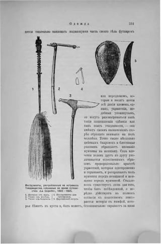 дится тщательно защищать выдающуюся часть своего тѣла футляромъ
Инструменты, употребляемые на островахъ
Товарищества, собранные во время лутеше-
ствія <La Coquille», 1 8 2 2 - 1 8 2 5 .
1. Метелка отъ мухъ.
2. Тесло нэъ желѣэа.
3. Тесло нэъ базальта.
4. Инструменты для
татуировки.
5. Деревянный сосудъ.
рая бѣжнтъ въ кусты и, быть можетъ,
или передникомъ, ко-
торые и носятъ почти
всѣ дикія племена, од-
нако, украшенія, по-
добный упомянутымъ,
не могутъ разсматриваться какъ
такія заіцищающія одѣянія или
какъ поясъ стыдливости, — они
нмѣютъ свонмъ назначеніемъ ско-
рѣе обращать вниманіе па полъ
человѣка. Точно также нѣсколько
цвѣтныхъ бахромокъ и блестящая
ракоыіпа обращаютъ вниманіе
мужчины на женщину. Сила вле-
ченія половъ другъ къ другу уве-
личивается естественным!, обра-
зомъ пропорціоналыю красотѣ
украшеній, которыя одновременно
и скрываютъ, и раскрывают, полъ
мужчины передъ женщиной и жен-
щины передъ мужчиной. Стыдли-
вость существуетъ лишь для того,
чтобы быть побѣжденной, и не-
редко дѣйствуетъ въ полномъ
согласіи съ кокетствомъ: повто-
ряется исторія съ нимфой, кото-
безсознательно скрываетъ за ними
 