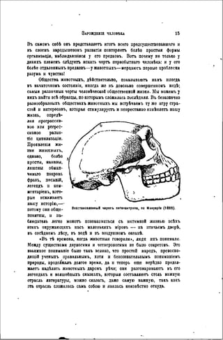 ЗЛРОЖДЕНІЕ П ЕЛОВИКА 15
Въ самоыъ себѣ онъ представляетъ итогь всего предсуществовавшаго и
въ своемъ зародышевоыъ развнтіи повторяетъ болѣо простыя формы
организаціи, наблюдавшіяся у его предковъ. Bon. почему не только у
дикихъ племенъ слѣдуеть искать чертъ первобытнаго человѣка: и у его
болѣе отдаленныхъ предковъ—у животпыхъ—мерцаютъ первые проблески
разума и чувства!
Общества животпыхъ, дѣйствительно, показываютъ намъ иногда
въ аачаточномъ состояніи, иногда же пъ довольно совѳршеннонъ вндѣ;
самыя различный черты человѣчесвой общественной жизни. Мы можемъ у
нихъ найти всѣ образцы, по которымъ сложилась послѣдняя. В ъ безконечно
разнообразныхъ обществахъ животпыхъ мы встрѣчаѳмъ ту же игру стра-
стей и интересовъ, которая стимулирустъ и непрестанно измѣняетъ нашу
жизнь, опредѣ-
ляя прогрессив-
ное или регрес-
сивное разви-
т о цивилнзаціи.
Проявленія жи-
зни животныхъ,
однако, болѣѳ
просты, наивны,
лишены обыан-
чиваго покрова
фразъ, писаній,
легендъ и ком-
ментаріевъ, кото-
рые искажаютъ
нашу исторію,—•
потому они обще-
понятны, и на-
блюдатель легко можетъ познакомиться съ интимной жизнью всѣхъ
этихъ окружающихъ насъ маленькихъ міровъ — на птичьемъ дворѣ,
въ сосѣднемъ лѣсу, въ водѣ и въ воздушномъ океанѣ.
«Въ тѣ времена, когда животпыя говорили», люди пхъ понимали.
Между существами двуногими и четвероногими не было секретовъ. Это
взаимное пониманіе было такъ велико, что простой народъ, превосхо-
дящій ученыхъ правильнымъ, хотя и безсознательнымъ пониманіемъ
природы, продолжалъ долгое время, да и теперь еще нерѣдко продол-
жаетъ надѣлять животныхъ даромъ рѣчи; они разговариваютъ въ его
легендахъ и волшѳбныхъ сказкахъ, которыя составляютъ столь важную
отрасль литературы, можно сказать, даже самую важную, такъ какъ
эта отрасль сложилась сама собою и явилась нѳизвѣстно откуда.
ВозстаномеиныЙ черепъ питекантропа, по Манувріе (1895).
 