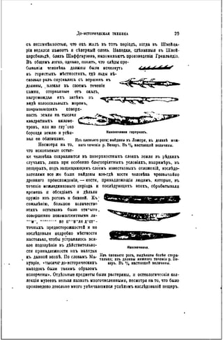 съ несомнѣшіостыо, что онъ жилъ въ тотъ періодъ, когда въ Швейца-
ріи водился мамонтъ и сѣверпый олень. Находки, сдѣланныя въ Швей-
церсбильдѣ, близъ Шаффгаузена, напомннаютъ произведенія Гренлапдін.
Въ общемъ легко, однако, понять, что слѣды прѳ-
быванія человѣка должны были исчезнуть
въ гористыхъ мѣстностяхъ, гдѣ льды нѣ-
сколько разъ спускались съ вершипъ въ
долины, увлекая въ своемъ течѳніи
камни, оторванные отъ скалъ,
нагромождая ихъ затѣмъ въ
вйдѣ колоссальиыхъ морѳнъ,
покрывающихъ поверх-
ность земли на тысячи
квадратныхъ киломе-
тровъ, или же глубоко
бороздя землю И усѣи- Наконечники гарлуноаъ.
вая ее ооломками. оленьяго рога; найдены въ Ложсри, въ доіннѣ нпж-
Несмотря на то, наго течевія р. Везэръ. Въ V« настоящей величины,
что ископаемые остат-
ки чѳловѣка сохраняются въ поверхиостныхъ слояхъ земли въ рѣдкихъ
случаяхъ, лишь при особенно благопріятныхъ условіяхъ, напримѣръ, въ
лещѳрахъ, подъ защиіцающимъ слоемъ известковыхъ отложеній, изслѣдо-
вателями все же были найдены коѳ-гдѣ кости человѣка чрезвычайно
древняго происхождения, — кости, принадлежащія людямъ, которые, въ
теченіѳ межлѳдниковаго періода и послѣдуюіцпхъ эпохъ, обрабатывали
кремень и обсидіанъ и дѣлали
оружіе изъ роговъ и бивней. Къ1
сожалѣнію, большое количество
этихъ остатковъ было открыто,
совершенно некомпетентными ли-
цами, которыя не приняли доста-
точныхъ предосторожностей и не
изслѣдовали подробно мѣстности
настолько, чтобы устранялось вся-
кое подозрѣиіе въ дѣйствительно- наконечники
сти принадлежности ихъ находки
къ данной эпохѣ. Ilo словамъ Ma- "j"'" тѳльно; пзъ долины нижняго течевія р. Ве-
нувріе, < тысяч tf-до-историческихъ вэръ. Въ V» настоящей величины,
находокъ были такнмъ образомъ
испорчены». Отдѣльные предметы были растеряны, н остеологическія кол-
лекціи музеевъ нельзя назвать многочисленными, несмотря па то, что было
произведено довольно много увѣнчавшихся успѣхомъ изслѣдованій иещеръ.
 