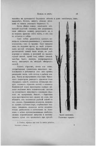 человѣкъ ни прнвыкаетъ! Скушцнкн мѣховъ и даже миссіонеры, какъ,
наиримѣръ, Петито, живутъ цѣлыми меся-
цами въ такихъ ужасныхъ берлогахъ і)-
Когда лѣтнеѳ солнце освободить оби-
тателей подобной темницы, они разрываютъ
свою спѣговую хижину, разрушаютъ ее, и
въ скоромь времени снѣгъ таетъ, и отъ нея
по остается и слѣда.
Само собою разумѣется, климатъ ни-
когда не позволялъ развиваться у эскпмосовъ
земледѣлію,—оно съ трудомъ было заведено
лишь въ недавнее время, въ вндѣ устроеп-
ІІЫХЪ кое-гдѣ огородовъ. Единственной ихъ
растительной иищей были ягоды, въ родѣ
морошки н клюквы, и растущій на скалахъ
горькій лишай; кромѣ того, вмѣсто овощей,
самоѣды ѣдятъ зеленую, пеперевареипую
массу, находимую въ желудкѣ сѣверныхъ
оленей.
Такимъ образомъ, почти вся пища,
употребляемая эскимосами, животнаго про-
исхождеиія и добывается ими либо путемъ
разведенія скота, либо охотою и рыбною лов-
лею. Чукчи во впутреннихъ областяхъ Чукот-
скаго полуострова разводить огромныя стада
сѣверныхъ оленей, эскимосы Лабрадора жи-
вутъ главньімъ образомъ охотой, а эскимосы
Баффиновой земли принуждены нерѣдко цѣ-
лыми неделями жить исключительно охотою
па сухонутныхъ жнвотныхъ—главнымъ обра-
зомъ на мускусныхъ быковъ, — береговые
льды простираются такъ далеко въ море, что
мѣшаютъ имъ заниматься рыбной ловлей съ
ихъ лодокъ. Гренландскіе эскимосы, живущіс
по краямъ глубокаго моря, согрѣваемаго теп-
лымъ течеиіемъ, являются почти исключн-
тельно рыболовами и охотниками за тюле-
нями, u всѣмъ путешествепникамъ извѣстно,
сколько поразительной хитрости и ннстннк- оружіе эснимосевь
тивнаго чутья они ироявляютъ при иреслѣ- Разлпчпыо гарпупы.
1) Petitot. «Quinze ans sous le cercle polaire».
ЧеловЪкъ и Земля, т. I.
 