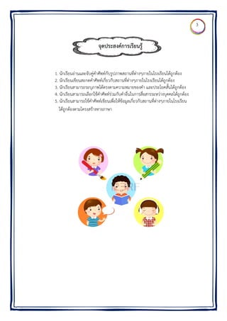 1. นั
2. นั
3. นั
4. นั
5. นั
ได้
นักเรียนอ่านแล
นักเรียนเขียนส
นักเรียนสามาร
นักเรียนสามาร
นักเรียนสามาร
ด้ถูกต้องตามโ
จุด
ละจับคู่คําศัพ
สะกดคําศัพท์เ
รถระบุภาพได้
รถเลือกใช้คําศ
รถใช้คําศัพท์เ
โครงสร้างทาง
ดประสงค์ก
ท์กับรูปภาพส
เกี่ยวกับสถาน
ด้ตรงตามความ
ศัพท์ร่วมกับคํ
ขียนเพื่อให้ข้อ
ภาษา
การเรียนรู้
สถานที่ต่างๆภ
นที่ต่างๆภายใ
มหมายของคํา
ําอื่นในการสื่อ
อมูลเกี่ยวกับส
ภายในโรงเรีย
นโรงเรียนได้ถู
า และประโยค
อสารระหว่างบ
สถานที่ต่างๆภ
นได้ถูกต้อง
ถูกต้อง
คสั้นได้ถูกต้อง
บุคคลได้ถูกต้
ภายในโรงเรียน
ง
้อง
น
3
 