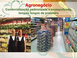 Agronegócio
Comercialização padronizada e monopolizada,
tempos longos de prateleira
 