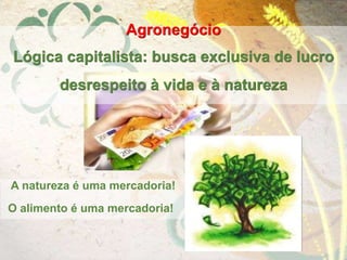 Agronegócio
Lógica capitalista: busca exclusiva de lucro
desrespeito à vida e à natureza
A natureza é uma mercadoria!
O alimento é uma mercadoria!
 