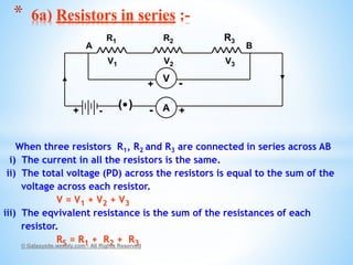 When three resistors R1, R2 and R3 are connected in series across AB
i) The current in all the resistors is the same.
ii) The total voltage (PD) across the resistors is equal to the sum of the
voltage across each resistor.
V = V1 + V2 + V3
iii) The eqvivalent resistance is the sum of the resistances of each
resistor.
RS = R1 + R2 + R3© Galaxysite.weebly.com - All Rights Reserved
* 6a) Resistors in series :-
( ) A
R1 R2 R3
+ +--
V1 V2 V3
A B
V
+ -
 