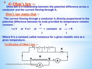 Ohms law is a relationship between the potential difference across a
conductor and the current flowing through it.
Ohm’s law states that :-
‘The current flowing through a conductor is directly proportional to the
potential difference between its ends provided its temperature remains
constant.’ V V
I α V or V α I or = constant or = R
I I
Where R is a constant called resistance for a given metallic wire at a
given temperature.
Verification of Ohm’s law :-
© Galaxysite.weebly.com - All Rights Reserved
* 4) Ohm’s law :-
V
A
+ -
+ -
+ -
R
K
A B
( )
 