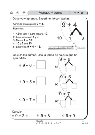 T 7-3Agrupo y sumo
9 + 4
1 310
a)
b)
c)
9 + 5
10
9 + 6
10
9 + 7
10
95
Observo y aprendo. Experimento con tapitas.
Aprendo el cálculo de .9 + 4
Resumen:
1) A le falta para llegar a .
2) se separa en y .
3) más es .
4) y son .
5) Entonces, .
9 1 10
4 1 3
9 1 10
10 3 13
9 + 4 = 13
Calculo las sumas. Uso la forma de cálculo que he
aprendido.
9 + 6 =
9 + 5 =
9 + 7 =
a) b) c)9 + 2 = 9 + 8 9 + 9
Calculo.
Calculo.
a) 9 + 3 b) 9 + 4 c) 9 + 7
 