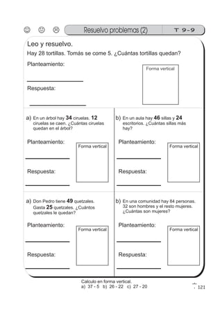 Resuelvo problemas (2) T 9-9
121
Forma vertical
Forma vertical
Leo y resuelvo.
Hay 28 tortillas. Tomás se come 5. ¿Cuántas tortillas quedan?
Planteamiento:
a) En un árbol hay ciruelas.
ciruelas se caen. ¿Cuántas ciruelas
quedan en el árbol?
34 12
Planteamiento:
Respuesta:
Forma vertical
b) En un aula hay sillas y
escritorios. ¿Cuántas sillas más
hay?
46 24
Planteamiento:
Respuesta:
Forma vertical
a) Don Pedro tiene quetzales.
Gasta quetzales. ¿Cuántos
quetzales le quedan?
49
25
Planteamiento:
Respuesta:
Forma vertical
b) En una comunidad hay 84 personas.
32 son hombres y el resto mujeres.
¿Cuántas son mujeres?
Planteamiento:
Respuesta:
Respuesta:
Calculo en forma vertical.
a) 37 - 5 b) 26 - 22 c) 27 - 20
 
