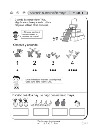 127
T 10-1Aprendo numeración maya
Cuando Estuardo visitó Tikal,
el guía le explicó que en la cultura
maya se utilizan otros números.
¿Cómo se escribe el
número uno en la
numeración maya?
Observo y aprendo.
1 2 3 4
En la numeración maya se utilizan puntos.
Cada punto tiene valor de uno.
Escribo cuántos hay. Lo hago con número maya.
Escribo con número maya.
a) 1 b) 2 c) 3 d) 4
 