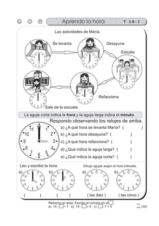 149
12 1
2
3
4
567
8
9
10
11
12 1
2
3
4
567
8
9
10
11 12 1
2
3
4
567
8
9
10
11 12 1
2
3
4
567
8
9
10
11 12 1
2
3
4
567
8
9
10
11
12 1
2
3
4
567
8
9
10
11
T 14-1Aprendo la hora
12 1
2
3
4
567
8
9
10
11 12 1
2
3
4
567
8
9
10
11
12 1
2
3
4
567
8
9
10
11
Escuela
cu
ad
erno
12 1
2
3
4
567
8
9
10
11
Las actividades de María.
Se levanta Desayuna
Estudia
Refacciona
Sale de la escuela
La aguja corta indica la y la aguja larga indica el .hora minuto
Respondo observando los relojes de arriba.
a) ¿A qué hora se levanta María? ( )
b) ¿A qué hora desayuna? ( )
c) ¿A qué hora refacciona? ( )
d) ¿Qué indica la aguja larga? ( )
e) ¿Qué indica la aguja corta? ( )
Leo y escribo la hora. Dibujo agujas según la hora indicada.
a) b) a) b)
( ) ( ) ( las diez ) ( las cinco )
Refuerzo la resta. Escribo el número en el .
a) 14 - 14 = 7 b) 15 - 14 = 9 c) 14 - 7 = 5
 