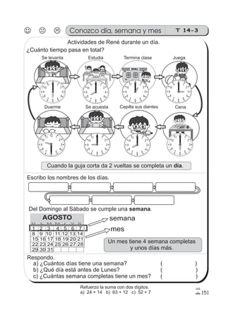 T 14-3Conozco día, semana y mes
ESCUELA
12 1
2
3
4
567
8
9
10
11 12 1
2
3
4
567
8
9
10
11
12 1
2
3
4
567
8
9
10
11
12 1
2
3
4
567
8
9
10
1112 1
2
3
4
567
8
9
10
1112 1
2
3
4
567
8
9
10
11
12 1
2
3
4
5
10
11
67
8
9
12 1
2
3
4
567
8
9
10
11
semana
mes
151
1 2 3 4 5 6 7
8 9 10 11 12 13 14
15 16 17 18 19 20 21
22 23 24 25 26 27 28
29 30 31
D L M M J V S
AGOSTO
Actividades de René durante un día.
¿Cuánto tiempo pasa en total?
Se levanta Estudia Termina clase Juega
Duerme Se acuesta Cepilla sus dientes Cena
Cuando la guja corta da 2 vueltas se completa un .día
Del Domingo al Sábado se cumple una .semana
Escribo los nombres de los días.
Un mes tiene 4 semana completas
y unos días más.
a) ¿Cuántos días tiene una semana?
b) ¿Qué día está antes de Lunes? ( )
c) ¿Cuántas semana completas tiene un mes? ( )
( )
Respondo.
Refuerzo la suma con dos dígitos.
a) 24 + 14 b) 63 + 12 c) 52 + 7
 