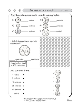 155
T 15-1Moneda nacional
centavo centavos
centavos centavos
centavos quetzal
Escribo cuánto vale cada una de las monedas.
a)
c)
e)
b)
d)
f)
¿A Cuántos centavos equivale
un quetzal?
_______ ________quetzal = centavos
1 quetzal es igual
a 100 centavos.
Uno con una línea.
1 centavo
5 centavos
10 centavos
25 centavos
50 centavos
1 quetzal
Refuerzo la resta. Escribo un número en el .
a) 72 - 7 5 = 40 b) 7 5 - 25 = 4
 