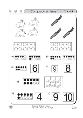 35
Comparo números T 2-14
a)
a) b)
c)
d)
b)
c)
9 8
9
6
4 10
Encierro el número mayor.
a) 3 y 5 b) 4 y 2 c) 6 y 9
 