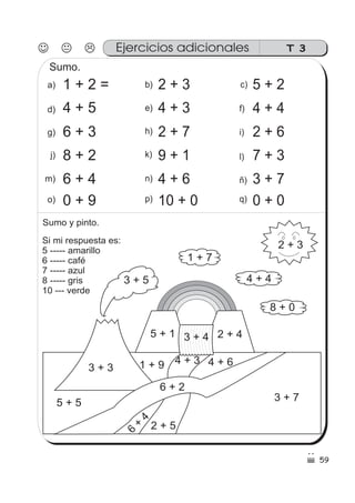 T 3Ejercicios adicionales
a) 1 + 2 =
d) 4 + 5
g) 6 + 3
j) 8 + 2
m) 6 + 4
o) 0 + 9
b) 2 + 3
e) 4 + 3
h) 2 + 7
k) 9 + 1
n) 4 + 6
p) 10 + 0
c) 5 + 2
f) 4 + 4
i) 2 + 6
l) 7 + 3
ñ) 3 + 7
q) 0 + 0
3 + 5
1 + 7
4 + 4
6 + 2
3 + 7
4 + 6
3 + 3 1 + 9
5 + 5
6
+
4
2 + 5
4 + 3
2 + 45 + 1
8 + 0
2 + 3
Sumo y pinto.
Si mi respuesta es:
5 ----- amarillo
6 ----- café
7 ----- azul
8 ----- gris
10 --- verde
3 + 4
Sumo.
59
 