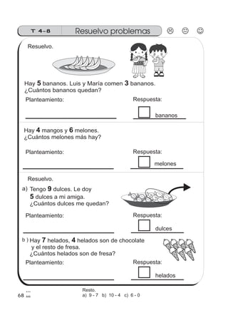 Resuelvo problemasT 4-8
Hay bananos. Luis y María comen bananos.
¿Cuántos bananos quedan?
5 3
Hay mangos y melones.
¿Cuántos melones más hay?
4 6
a) Tengo dulces. Le doy
dulces a mi amiga.
¿Cuántos dulces me quedan?
9
5
b ) Hay helados, helados son de chocolate
y el resto de fresa.
¿Cuántos helados son de fresa?
7 4
68
FRESA
FRESA
FRESA
FRESA
FRESA
FRESA
FRESA
FRESA
FRESA
FRESA
FRESA
FRESA
FRESA
FRESA
FRESA
FRESA
FRESA
FRESA
Resuelvo.
Planteamiento: Respuesta:
Planteamiento: Respuesta:
Resuelvo.
Planteamiento: Respuesta:
Planteamiento: Respuesta:
bananos
melones
dulces
helados
Resto.
a) 9 - 7 b) 10 - 4 c) 6 - 0
 