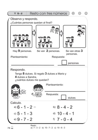 Resto con tres númerosT 5-2
¿Cuántas personas quedan al final?
Hay personas. Se van personas. Se van otras
personas.
9 2 3
Planteamiento: Respuesta:
Tengo dulces. Si regalo dulces a Mario y
dulces a Sandra,
¿cuántos dulces me quedan?
8 3
4
b)a)
c) d)
6 - 1 - 2 =
e) f)
8 - 4 - 2
5 - 1 - 3 10 - 4 - 1
9 - 7 - 2 7 - 0 - 4
Respondo.
74
FRESA
FRESA
FRESA
FRESA
FRESA
FRESA
FRESA
FRESA
FRESA
FRESA
FRESA
FRESA
FRESA
FRESA
FRESA
FRESA
Observo y respondo.
personas
Planteamiento:
Respuesta:
dulces
Calculo.
Resto:
a) 7 - 3 - 2 b) 10 - 7 - 2 c) 10 - 6 - 3
 