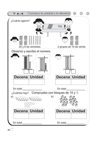 T 6-4 Conozco la unidad y la decena
¿Cuánto agarro?
20 y 6 da veintiséis. 2 grupos de 10 da veinte.
¿Cuántos hay?
a) b)
Decena Unidad Decena Unidad
82
10101010
Observo y escribo el número.
En total:______________ En total:_____________
Compruebo con bloques de 10 y 1.
Decena Unidad Decena Unidad
En total:______________ En total:_____________
 