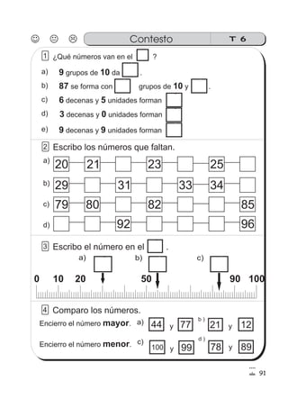 Contesto T 6
a)
b)
c)
d)
e)
a)
b)
c)
d)
a) b) c)
y
y
a) b )
c) d )
y
y
91
1 ¿Qué números van en el ?
9 10grupos de da .
87 10se forma con grupos de y .
6 5decenas y unidades forman
9 9decenas y unidades forman
3 0decenas y unidades forman
2 Escribo los números que faltan.
20 21 23 25
29 31 33 34
79 80 82 85
92 96
3 Escribo el número en el .
0 10 20 50 90 100
4 Comparo los números.
Encierro el número .mayor
Encierro el número .menor
44 77 21 12
100 99 78 89
 