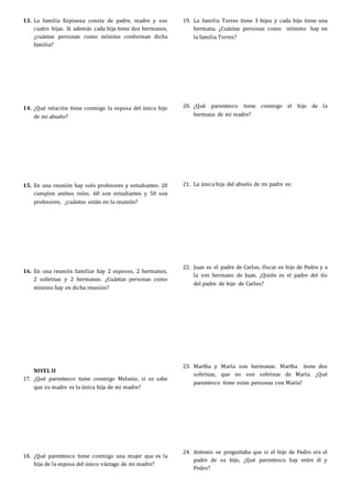 13. La familia Espinoza consta de padre, madre y sus
cuatro hijas. Si además cada hija tiene dos hermanos,
¿cuántas personas como mínimo conforman dicha
familia?
14. ¿Qué relación tiene conmigo la esposa del único hijo
de mi abuelo?
15. En una reunión hay solo profesores y estudiantes. 20
cumplen ambos roles. 60 son estudiantes y 50 son
profesores, ¿cuántos están en la reunión?
16. En una reunión familiar hay 2 esposos, 2 hermanos,
2 sobrinas y 2 hermanas. ¿Cuántas personas como
mínimo hay en dicha reunión?
NIVEL II
17. ¿Qué parentesco tiene conmigo Melanie, si se sabe
que su madre es la única hija de mi madre?
18. ¿Qué parentesco tiene conmigo una mujer que es la
hija de la esposa del único vástago de mi madre?
19. La familia Torres tiene 3 hijos y cada hijo tiene una
hermana. ¿Cuántas personas como mínimo hay en
la familia Torres?
20. ¿Qué parentesco tiene conmigo el hijo de la
hermana de mi madre?
21. La única hija del abuelo de mi padre es:
22. Juan es el padre de Carlos, Oscar es hijo de Pedro y a
la vez hermano de Juan. ¿Quién es el padre del tío
del padre de hijo de Carlos?
23. Martha y María son hermanas. Martha tiene dos
sobrinas, que no son sobrinas de María. ¿Qué
parentesco tiene estas personas con María?
24. Antonio se preguntaba que si el hijo de Pedro era el
padre de su hijo, ¿Qué parentesco hay entre él y
Pedro?
 
