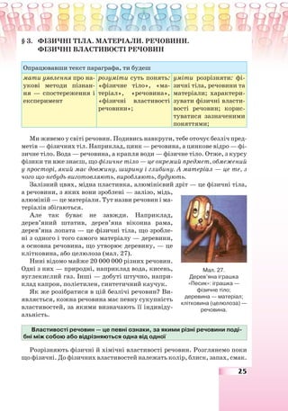 25
§ 3. ФІЗИЧНІ ТІЛА. МАТЕРІАЛИ. РЕЧОВИНИ.
ФІЗИЧНІ ВЛАСТИВОСТІ РЕЧОВИН
Опрацювавши текст параграфа, ти будеш
мати уявлення про на-
укові методи пізнан-
ня — спостереження і
експеримент
розуміти суть понять:
«фізичне тіло», «ма-
теріал», «речовина»,
«фізичні властивості
речовини»;
уміти розрізняти: фі-
зичні тіла, речовини та
матеріали; характери-
зувати фізичні власти-
вості речовин; корис-
туватися зазначеними
поняттями;
Ми живемо у світі речовин. Подивись навкруги, тебе оточує безліч пред-
метів — фізичних тіл. Наприклад, цинк — речовина, а цинкове відро — фі-
зичне тіло. Вода — речовина, а крапля води — фізичне тіло. Отже, з курсу
фізики ти вже знаєш, що фізичне тіло — це окремий предмет, обмежений
у просторі, який має довжину, ширину і глибину. А матеріал — це те, з
чого що-небудь виготовляють, виробляють, будують.
Залізний цвях, мідна пластинка, алюмінієвий дріт — це фізичні тіла,
а речовини, з яких вони зроблені — залізо, мідь,
алюміній — це матеріали. Тут назви речовин і ма-
теріалів збігаються.
Але так буває не завжди. Наприклад,
дерев’яний штатив, дерев’яна віконна рама,
дерев’яна лопата — це фізичні тіла, що зробле-
ні з одного і того самого матеріалу — деревини,
а основна речовина, що утворює деревину, — це
клітковина, або целюлоза (мал. 27).
Нині відомо майже 20 000 000 різних речовин.
Одні з них — природні, наприклад вода, кисень,
вуглекислий газ. Інші — добуті штучно, напри-
клад капрон, поліетилен, синтетичний каучук.
Як же розібратися в цій безлічі речовин? Ви-
являється, кожна речовина має певну сукупність
властивостей, за якими визначають її індивіду-
альність.
Властивості речовин — це певні ознаки, за якими різні речовини поді-
бні між собою або відрізняються одна від одної
Розрізняють фізичні й хімічні властивості речовин. Розглянемо поки
що фізичні. До фізичних властивостей належать колір, блиск, запах, смак.
Мал. 27.
Дерев’яна іграшка
«Песик»: іграшка —
фізичне тіло;
деревина — матеріал;
клітковина (целюлоза) —
речовина.
 