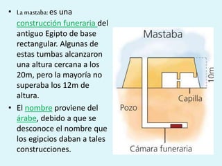 • La mastaba: es una
construcción funeraria del
antiguo Egipto de base
rectangular. Algunas de
estas tumbas alcanzaron
una altura cercana a los
20m, pero la mayoría no
superaba los 12m de
altura.
• El nombre proviene del
árabe, debido a que se
desconoce el nombre que
los egipcios daban a tales
construcciones.
 