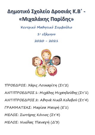 Κεντρικό Μαθητικό Συμβούλιο
1ο εξάμηνο
2020 - 2021
ΠΡΟΕΔΡΟΣ: Χάρις Λευκαρίτη (Στ΄2)
ΑΝΤΙΠΡΟΕΔΡΟΣ 1: Μιχάλης Μιχαηλούδης (Στ΄1)
ΑΝΤΙΠΡΟΕΔΡΟΣ 2: Αθηνά Νικόλ Κολοβού (Στ΄4)
ΓΡΑΜΜΑΤΕΑΣ: Μαρίσα Μαυρή (Ε΄1)
ΜΕΛΟΣ: Σωτήρης Κόννος (Στ΄4)
ΜΕΛΟΣ: Νικόλας Παναγή (Δ’3)
 