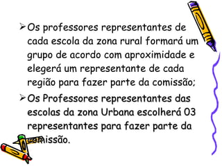 Os professores representantes de cada escola da zona rural formará um grupo de acordo com aproximidade e elegerá um representante de cada região para fazer parte da comissão; Os Professores representantes das escolas da zona Urbana escolherá 03 representantes para fazer parte da comissão. 